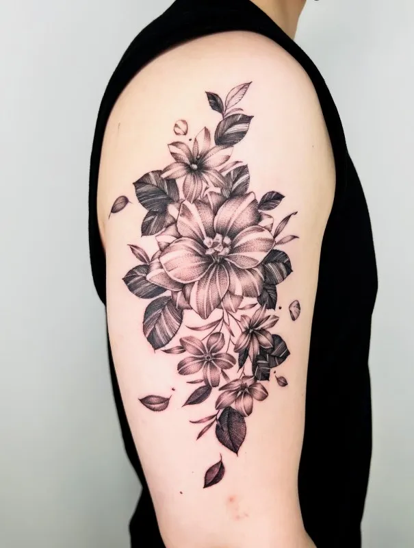 점 하나하나로 피워낸 백합, 상박 도트워크 플라워 타투