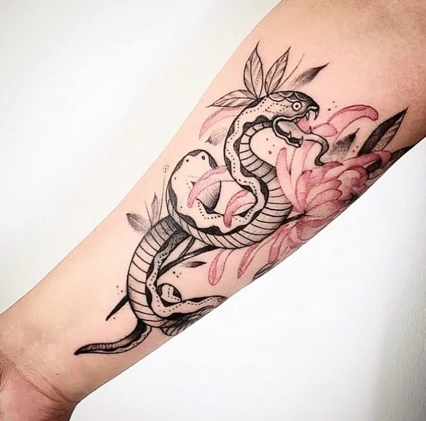 뱀과 모란 — 네오 트래디셔널 팔뚝 타투