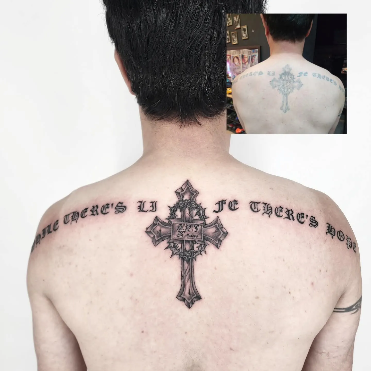 터치업 레터링 십자가 타투 - 어깨에 새로운 생명을