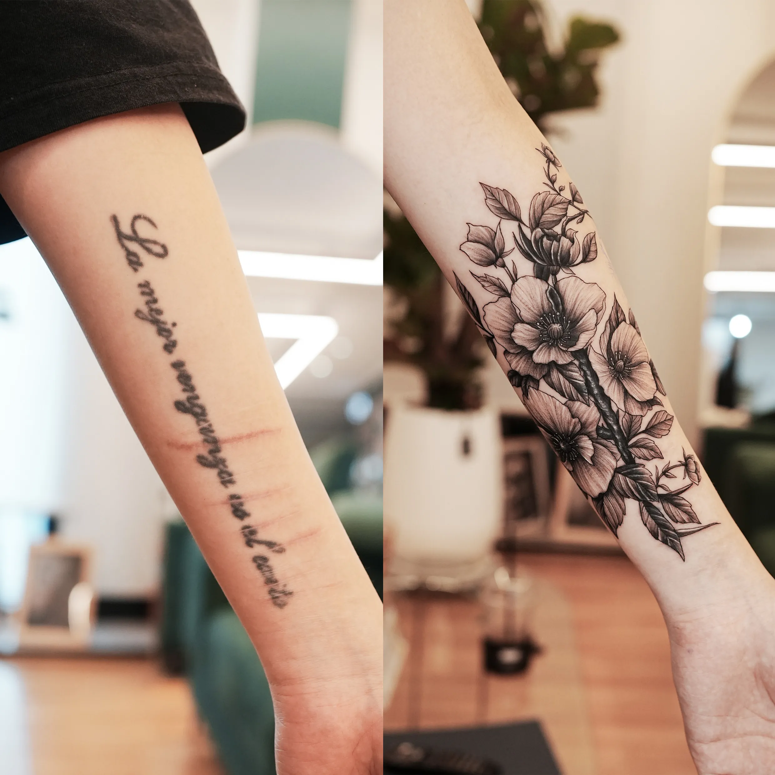 감성타투 커버업: 레터링을 꽃으로 완벽하게 가리다