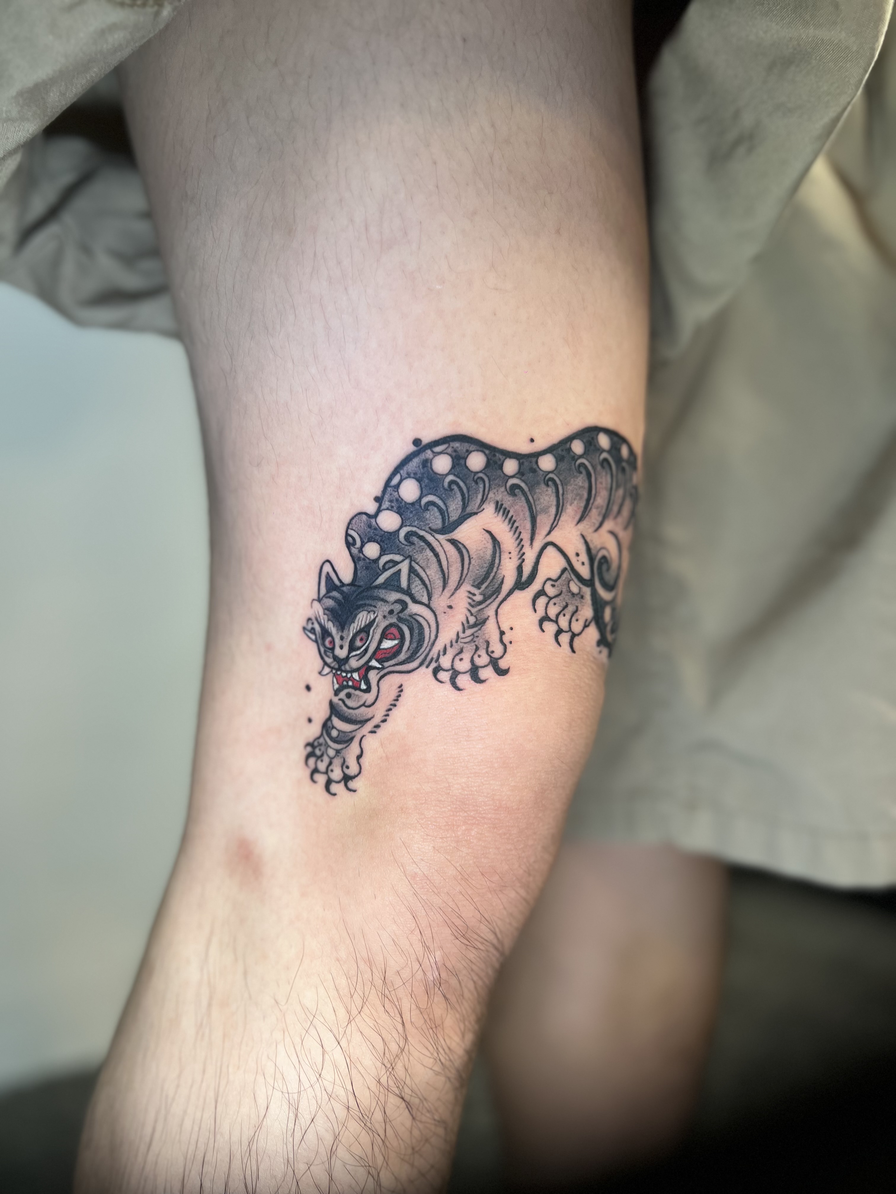 무릎 위 호랑이 타투: 묘당타투의 독특한 블랙워크