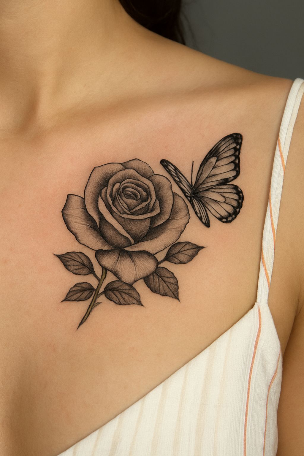 장미와 나비 — 가슴 쇄골의 블랙앤그레이 꽃 타투